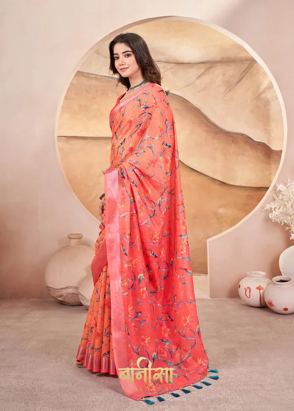 Orange_Bird_Digital_Print_Cotton_Linen_Saree_With_Matched_Unsttiched_Blouse