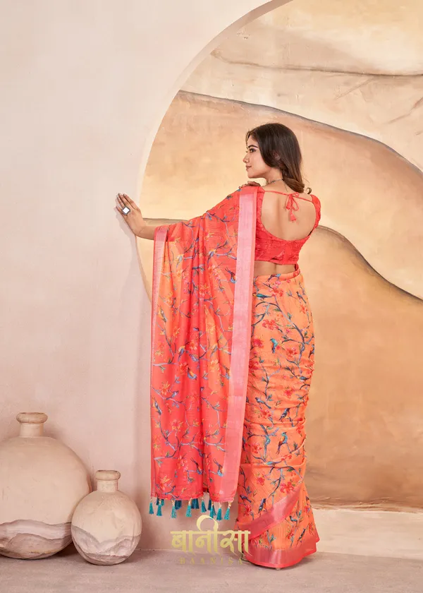 Orange_Bird_Digital_Print_Cotton_Linen_Saree_With_Matched_Unsttiched_Blouse