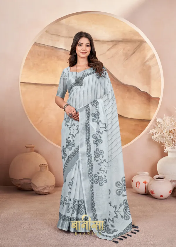 Grey_And_White_Digital_Print_Cotton_Linen_Saree_With_Matched_Unsttiched_Blouse