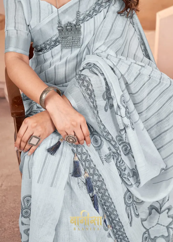 Grey_And_White_Digital_Print_Cotton_Linen_Saree_With_Matched_Unsttiched_Blouse