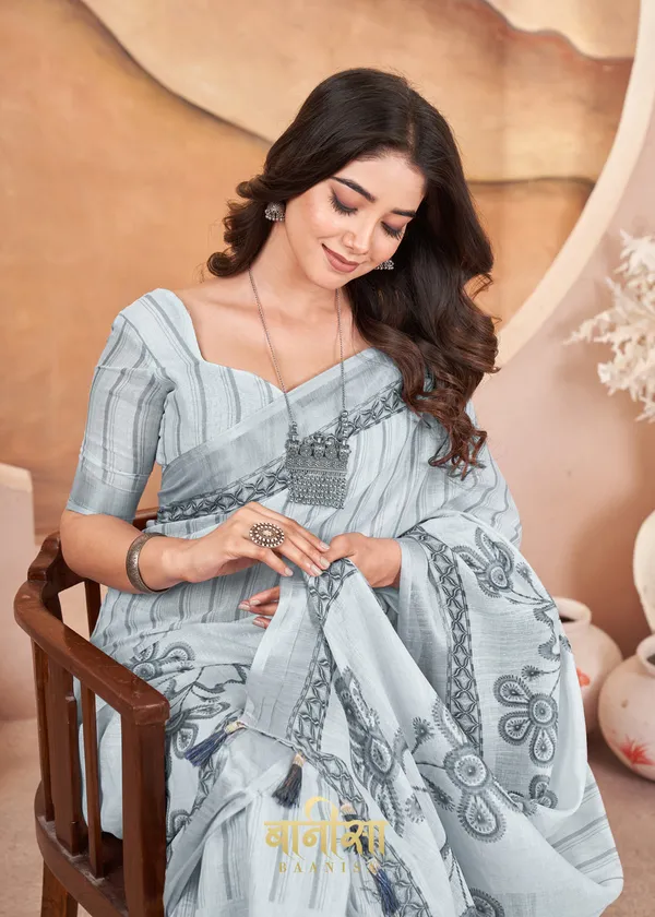Grey_And_White_Digital_Print_Cotton_Linen_Saree_With_Matched_Unsttiched_Blouse