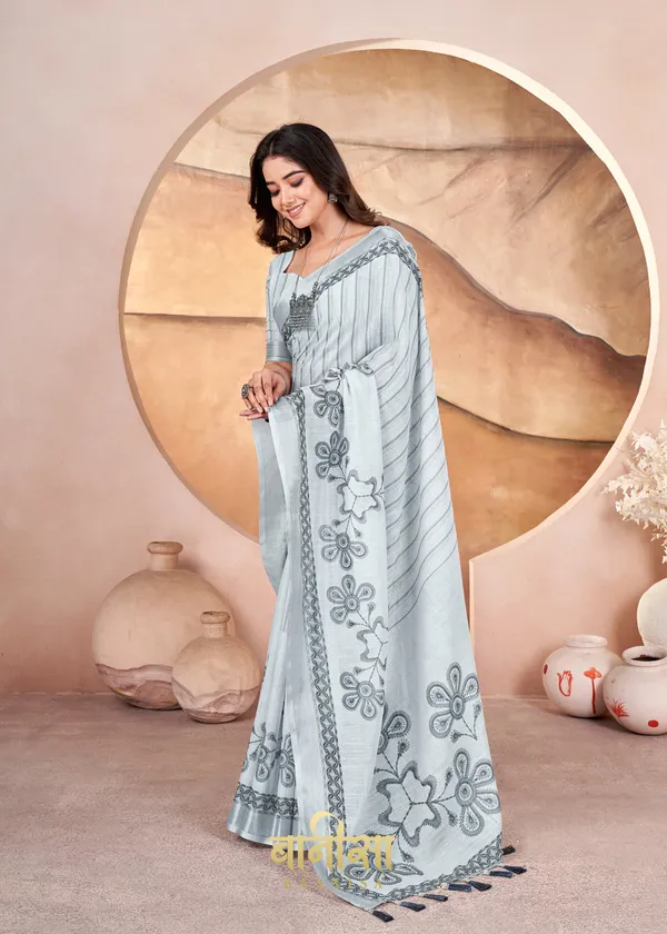 Grey_And_White_Digital_Print_Cotton_Linen_Saree_With_Matched_Unsttiched_Blouse