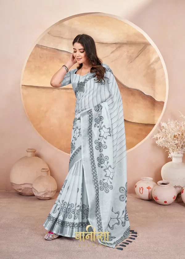 Grey_And_White_Digital_Print_Cotton_Linen_Saree_With_Matched_Unsttiched_Blouse