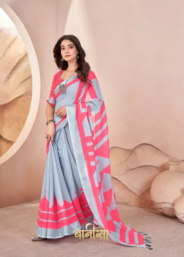 White_And_Pink_Geometric_Stipes_Digital_Print_Cotton_Linen_Saree_With_Matched_Unsttiched_Blouse
