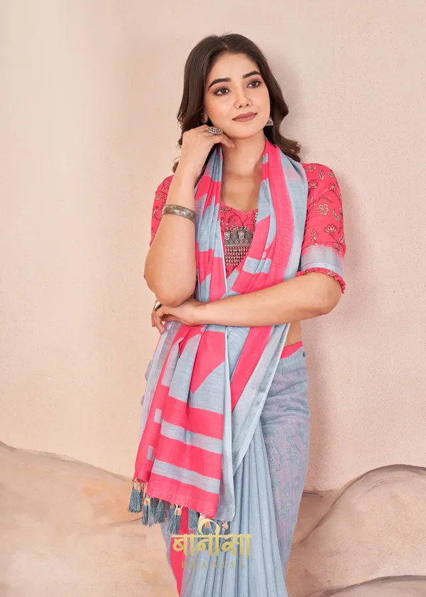 White_And_Pink_Geometric_Stipes_Digital_Print_Cotton_Linen_Saree_With_Matched_Unsttiched_Blouse