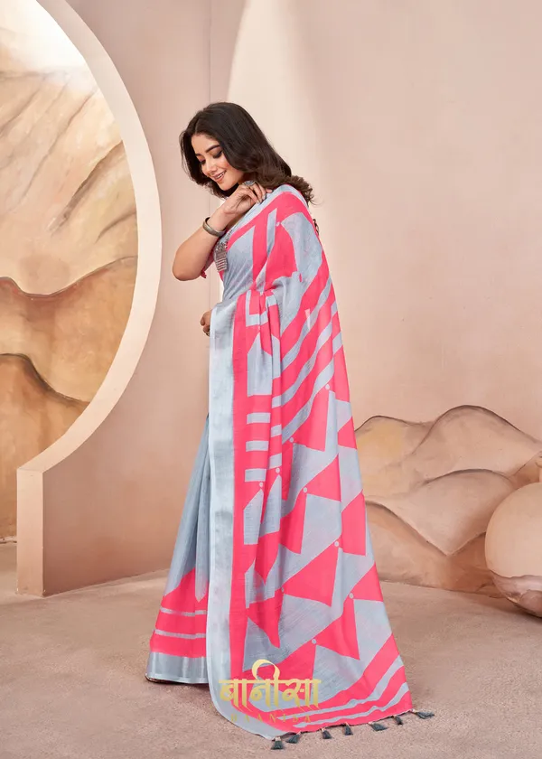White_And_Pink_Geometric_Stipes_Digital_Print_Cotton_Linen_Saree_With_Matched_Unsttiched_Blouse