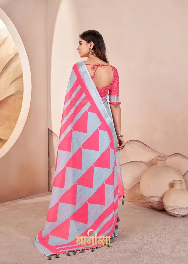 White_And_Pink_Geometric_Stipes_Digital_Print_Cotton_Linen_Saree_With_Matched_Unsttiched_Blouse
