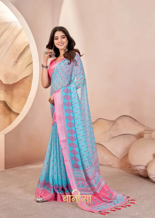 Aqua_Blue_Floral_Motifs_Digital_Print_Pure_Cotton_Linen_Saree_With_Matched_Unsttiched_Blouse