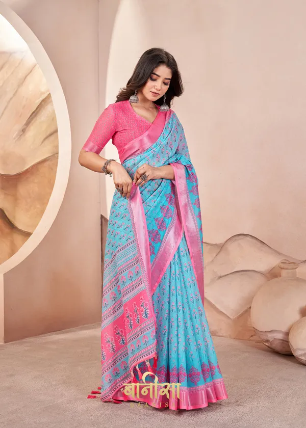 Aqua_Blue_Floral_Motifs_Digital_Print_Pure_Cotton_Linen_Saree_With_Matched_Unsttiched_Blouse