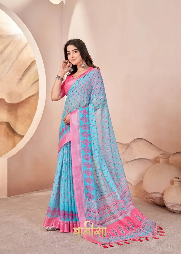 Aqua_Blue_Floral_Motifs_Digital_Print_Pure_Cotton_Linen_Saree_With_Matched_Unsttiched_Blouse
