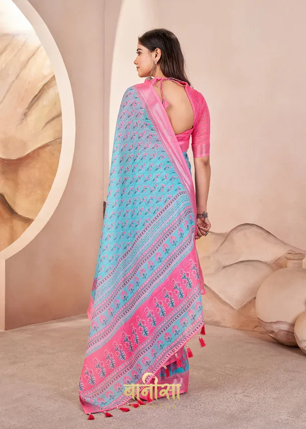 Aqua_Blue_Floral_Motifs_Digital_Print_Pure_Cotton_Linen_Saree_With_Matched_Unsttiched_Blouse