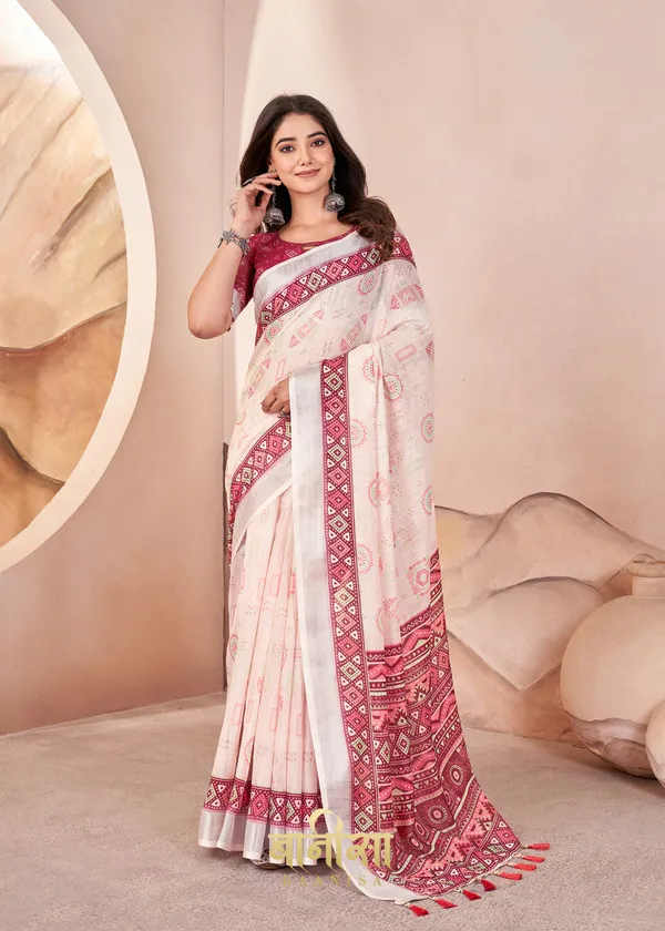 Off_White_Digital_Print_Pure_Cotton_Linen_Saree_With_Matched_Unsttiched_Blouse