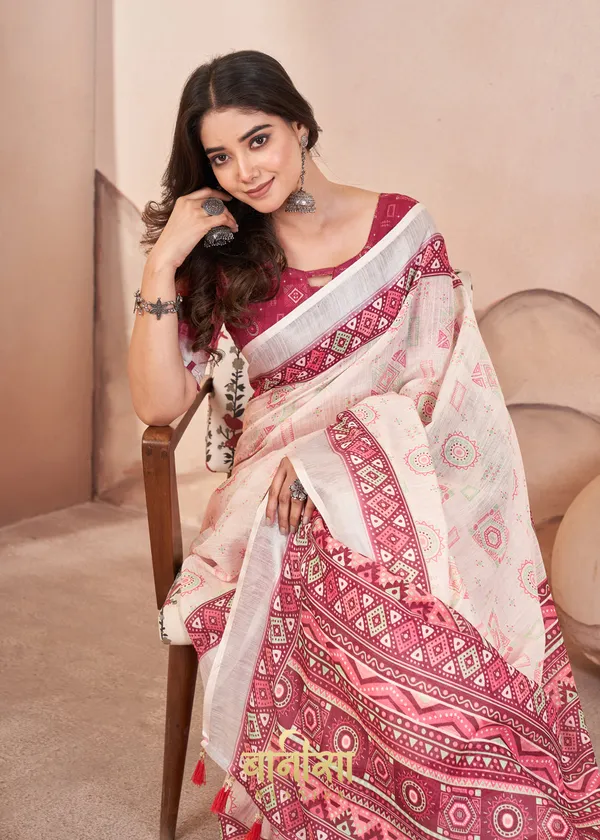 Off_White_Digital_Print_Pure_Cotton_Linen_Saree_With_Matched_Unsttiched_Blouse