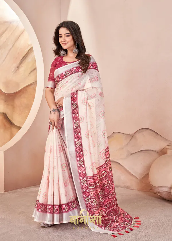 Off_White_Digital_Print_Pure_Cotton_Linen_Saree_With_Matched_Unsttiched_Blouse