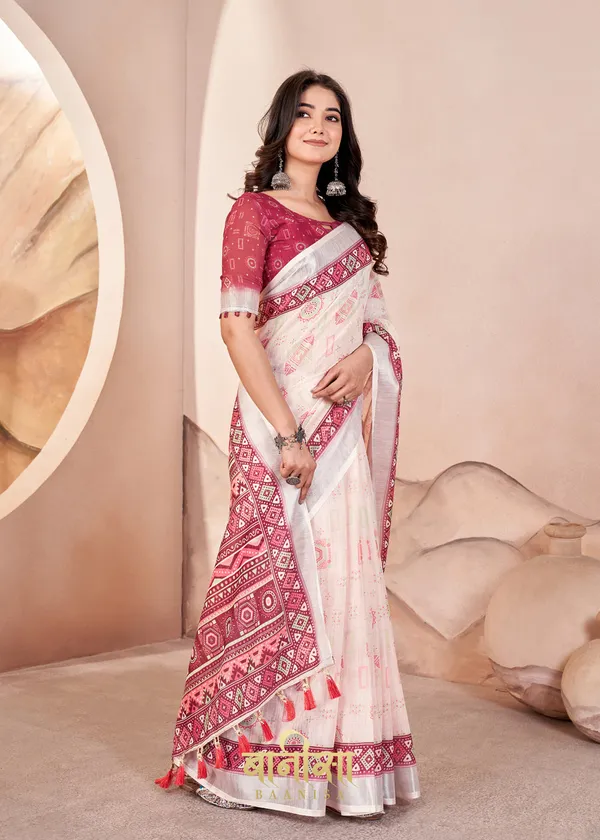 Off_White_Digital_Print_Pure_Cotton_Linen_Saree_With_Matched_Unsttiched_Blouse