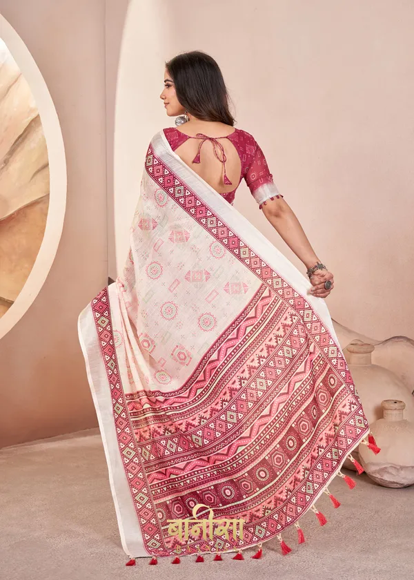 Off_White_Digital_Print_Pure_Cotton_Linen_Saree_With_Matched_Unsttiched_Blouse
