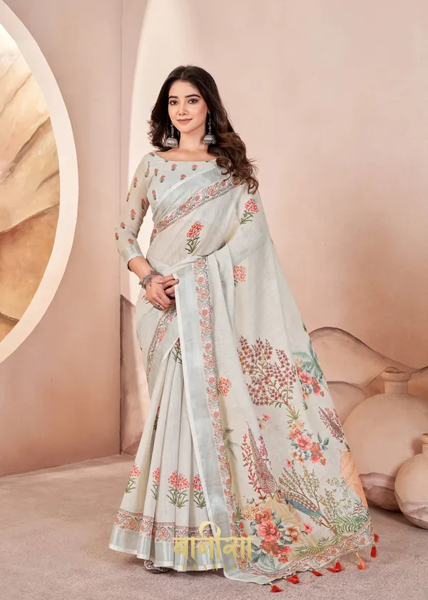 Cream_And_Light_Grey_Digital_Print_Pure_Cotton_Linen_Saree_With_Matched_Unsttiched_Blouse
