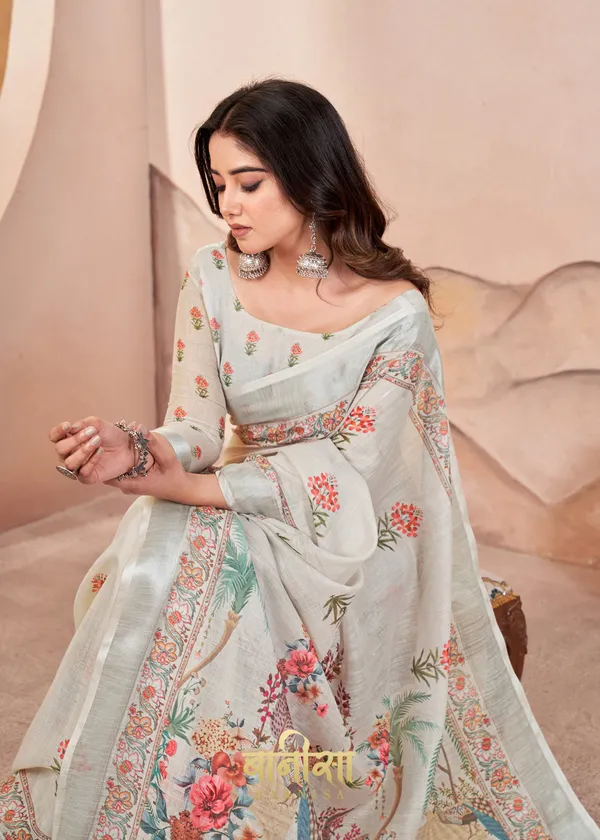 Cream_And_Light_Grey_Digital_Print_Pure_Cotton_Linen_Saree_With_Matched_Unsttiched_Blouse