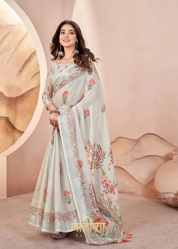 Cream_And_Light_Grey_Digital_Print_Pure_Cotton_Linen_Saree_With_Matched_Unsttiched_Blouse