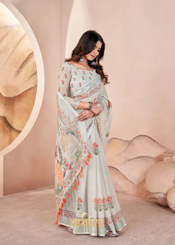 Cream_And_Light_Grey_Digital_Print_Pure_Cotton_Linen_Saree_With_Matched_Unsttiched_Blouse