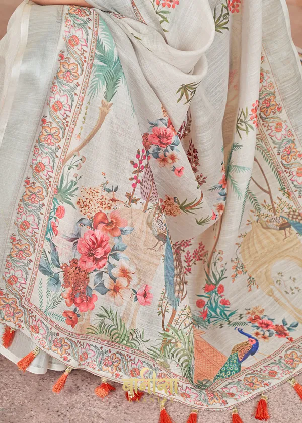 Cream_And_Light_Grey_Digital_Print_Pure_Cotton_Linen_Saree_With_Matched_Unsttiched_Blouse