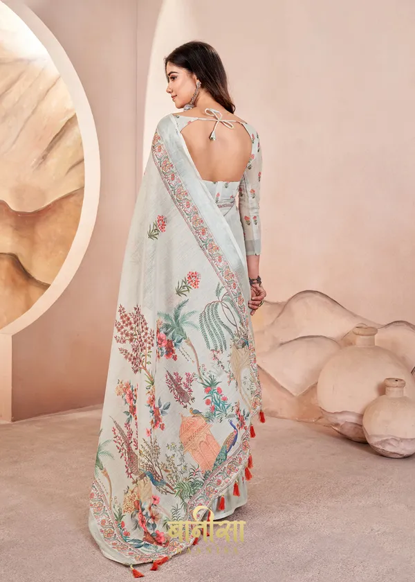 Cream_And_Light_Grey_Digital_Print_Pure_Cotton_Linen_Saree_With_Matched_Unsttiched_Blouse