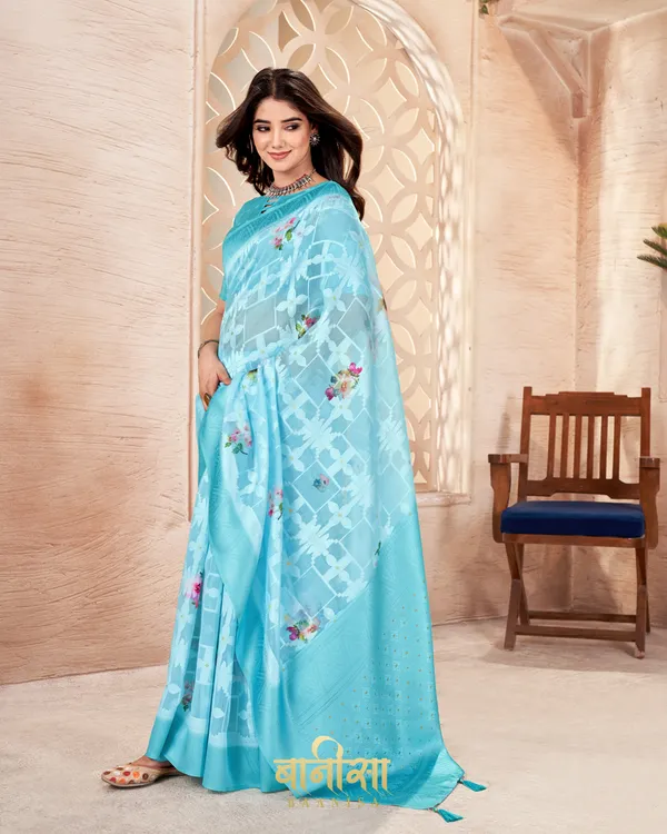 SKY_BLUE_LUCKNOWI_JACQUARD_WEAVING_SAREE_WITH_MATCHED_UNSTTICHED_BLOUSE