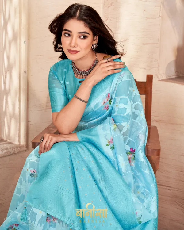 SKY_BLUE_LUCKNOWI_JACQUARD_WEAVING_SAREE_WITH_MATCHED_UNSTTICHED_BLOUSE