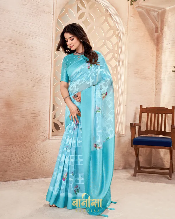 SKY_BLUE_LUCKNOWI_JACQUARD_WEAVING_SAREE_WITH_MATCHED_UNSTTICHED_BLOUSE