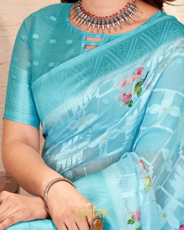 SKY_BLUE_LUCKNOWI_JACQUARD_WEAVING_SAREE_WITH_MATCHED_UNSTTICHED_BLOUSE