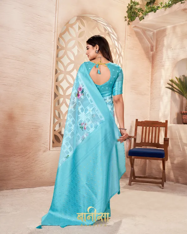 SKY_BLUE_LUCKNOWI_JACQUARD_WEAVING_SAREE_WITH_MATCHED_UNSTTICHED_BLOUSE