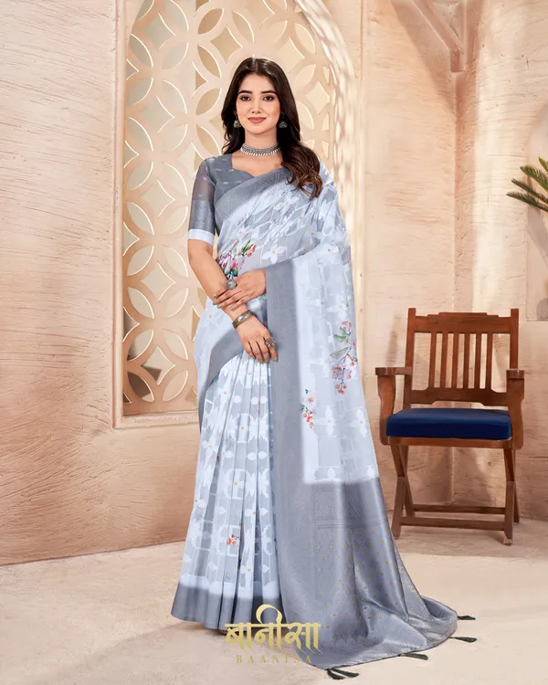 GREY_LUCKNOWI_JACQUARD_WEAVING_SAREE_WITH_MATCHED_UNSTTICHED_BLOUSE