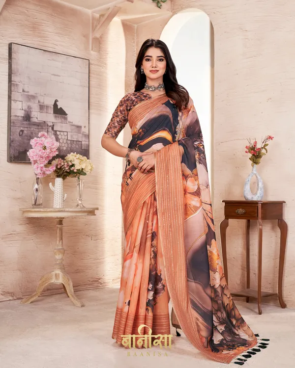ORANGE_FLORAL_CHANDERI_COTTON_KATHA_&_SEQUENCE_WORK_PRINTED_SAREE_WITH_MATCHED_UNSTTICHED_BLOUSE