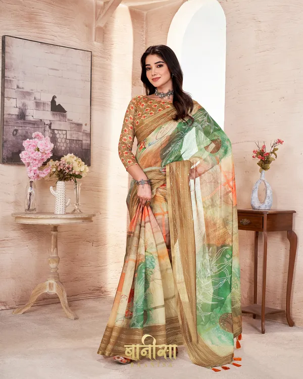 Multicolour_Floral_Chanderi_Cotton_Katha_&_Sequence_Work_Printed_Saree_With_Matched_Unsttiched_Blouse