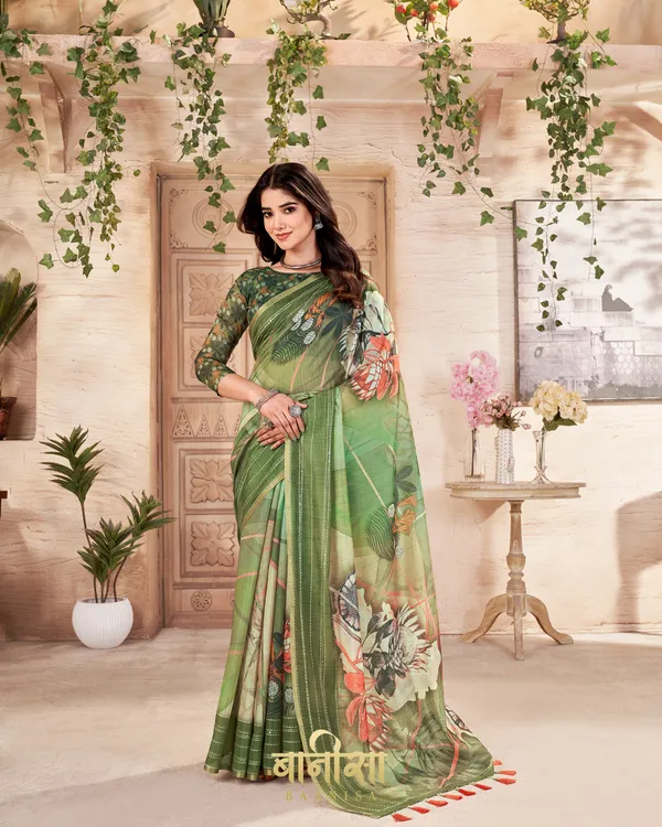 GREEN_FLORAL_CHANDERI_COTTON_KATHA_&_SEQUENCE_WORK_PRINTED_SAREE_WITH_MATCHED_UNSTTICHED_BLOUSE