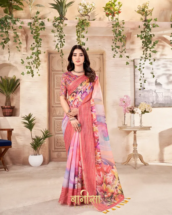 PEACH_FLORAL_CHANDERI_COTTON_KATHA_&_SEQUENCE_WORK_WORK_PRINTED_SAREE_WITH_MATCHED_UNSTTICHED_BLOUSE