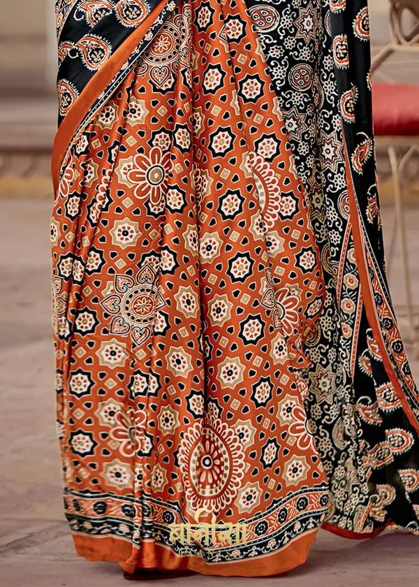 Black_And_Orange_Ajrakh_Printed_Satin_Crepe_Saree_With_Matched_Unsttiched_Blouse