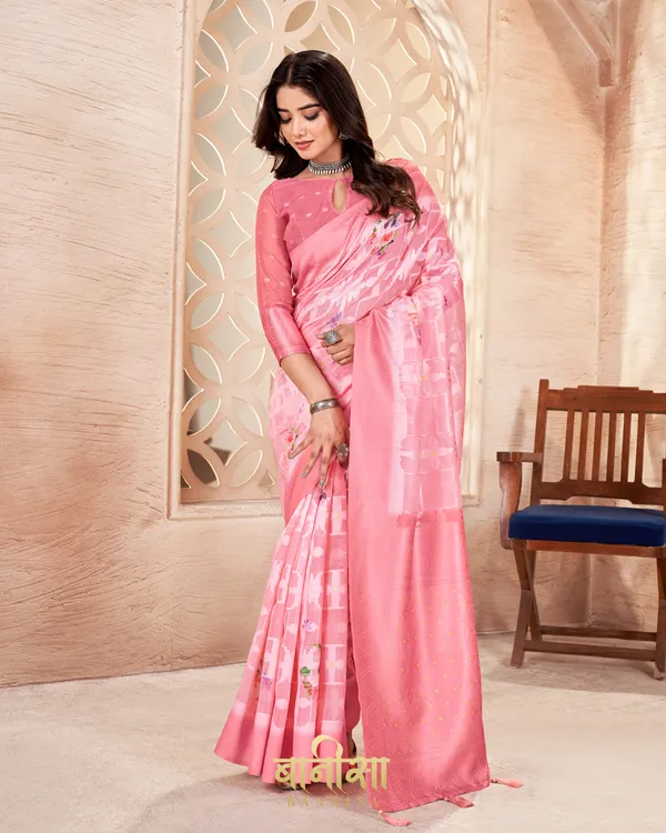 PEACH_LUCKNOWI_JACQUARD_WEAVING_SAREE_WITH_MATCHED_UNSTTICHED_BLOUSE