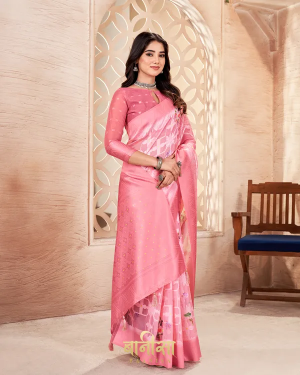 PEACH_LUCKNOWI_JACQUARD_WEAVING_SAREE_WITH_MATCHED_UNSTTICHED_BLOUSE