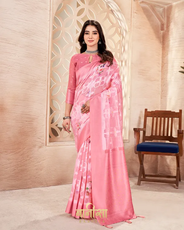 PEACH_LUCKNOWI_JACQUARD_WEAVING_SAREE_WITH_MATCHED_UNSTTICHED_BLOUSE