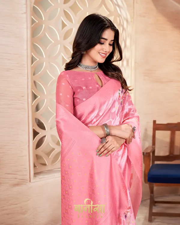 PEACH_LUCKNOWI_JACQUARD_WEAVING_SAREE_WITH_MATCHED_UNSTTICHED_BLOUSE