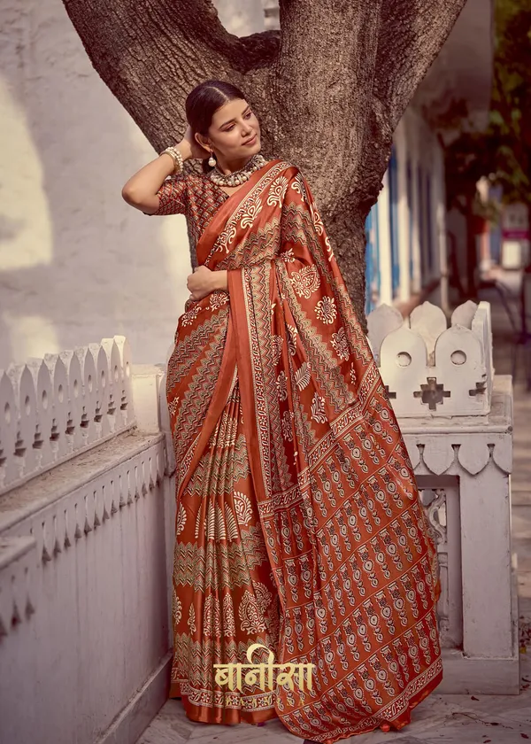 Lighting_Brown_Ajrakh_Printed_Satin_Crepe_Saree_With_Matched_Unsttiched_Blouse