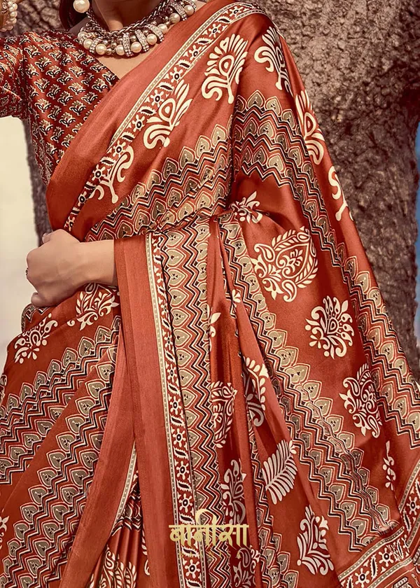 Lighting_Brown_Ajrakh_Printed_Satin_Crepe_Saree_With_Matched_Unsttiched_Blouse