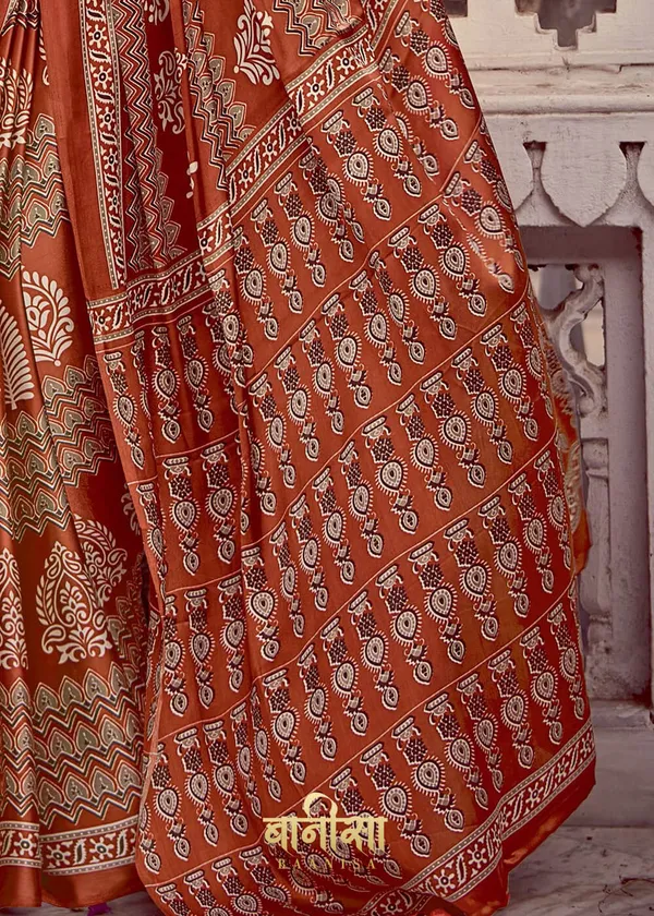 Lighting_Brown_Ajrakh_Printed_Satin_Crepe_Saree_With_Matched_Unsttiched_Blouse