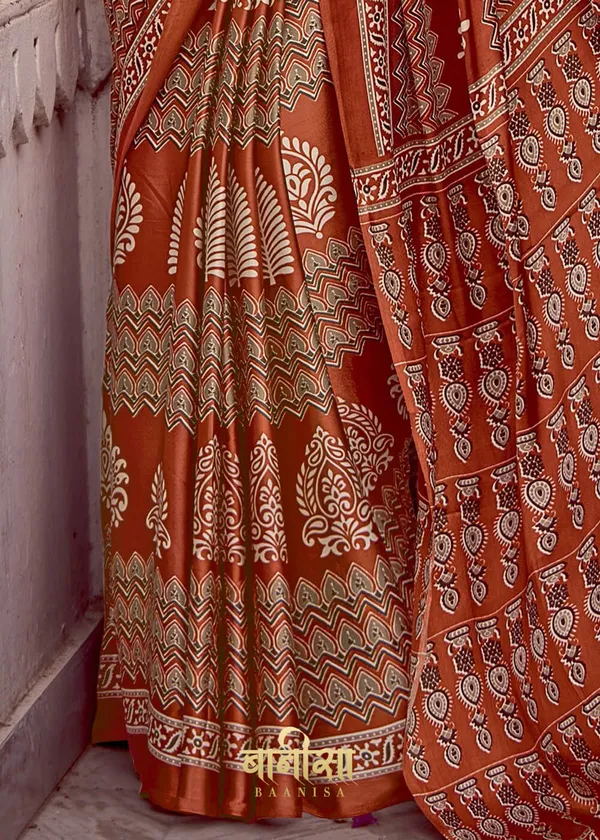Lighting_Brown_Ajrakh_Printed_Satin_Crepe_Saree_With_Matched_Unsttiched_Blouse