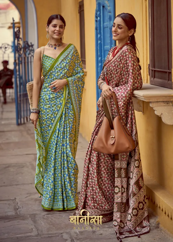 Brown_Ajrakh_Printed_Satin_Crepe_Saree_With_Matched_Unsttiched_Blouse