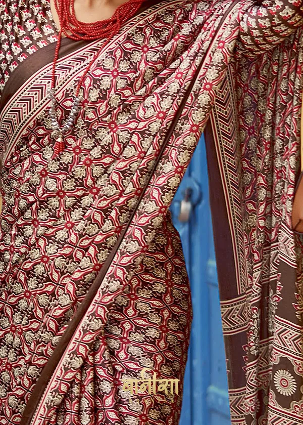 Brown_Ajrakh_Printed_Satin_Crepe_Saree_With_Matched_Unsttiched_Blouse