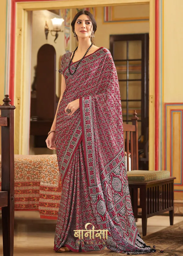 Multicolour_Ajrakh_Printed_Satin_Crepe_Saree