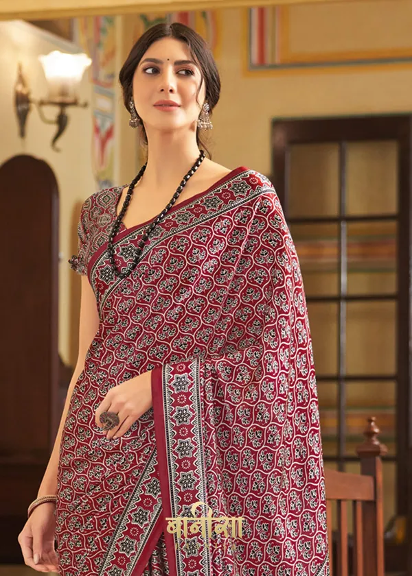 Multicolour_Ajrakh_Printed_Satin_Crepe_Saree
