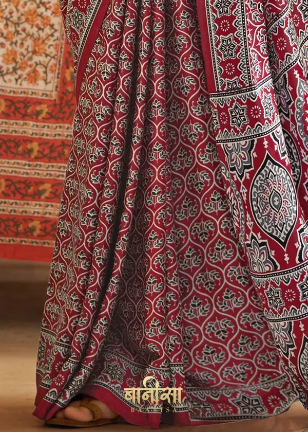 Multicolour_Ajrakh_Printed_Satin_Crepe_Saree